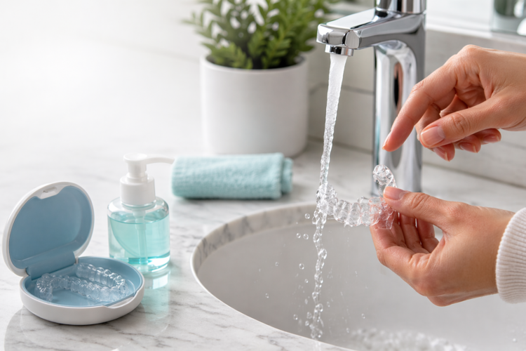 Clear Invisalign trays being gently cleaned with a toothbrush and lukewarm water